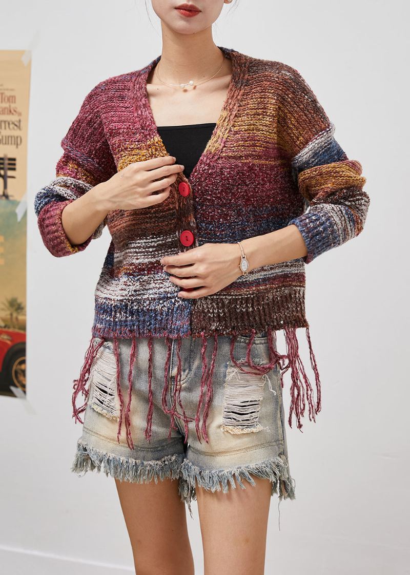 Veste En Tricot Tie-dye À Pompons Bohème Automne - Cardigans femmes