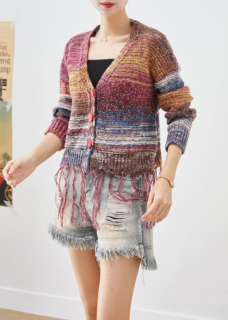Veste En Tricot Tie-dye À Pompons Bohème Automne - Cardigans femmes