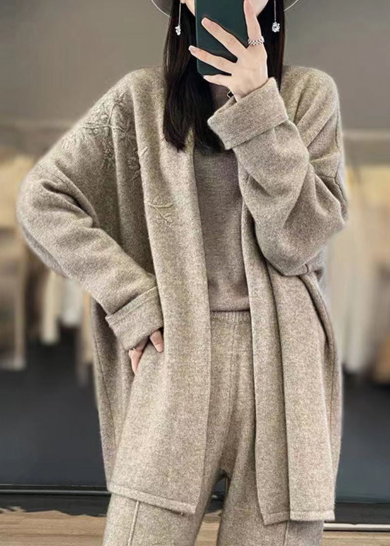 Vintage Camel Brodé Patchwork Cozy Cachemire Cardigan Automne