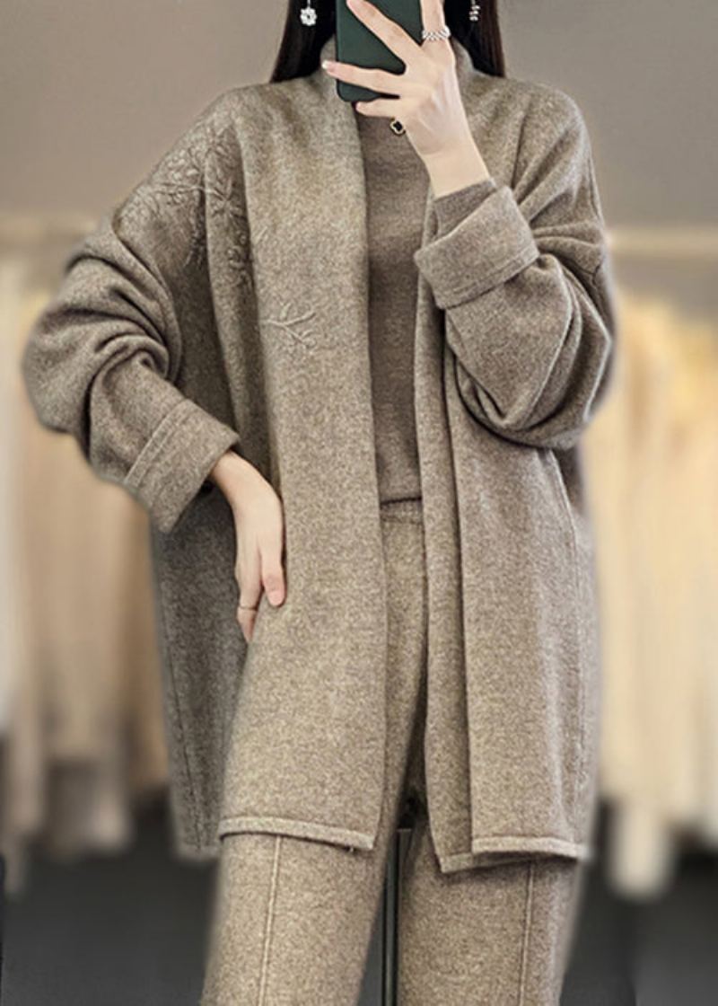 Vintage Camel Brodé Patchwork Cozy Cachemire Cardigan Automne - Cardigans femmes
