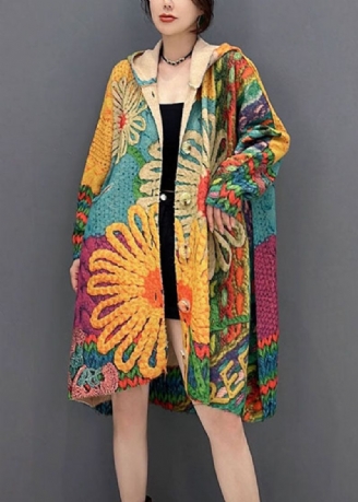 Vintage Colorblock À Capuche Imprimé Tricot Manteaux Amples Automne