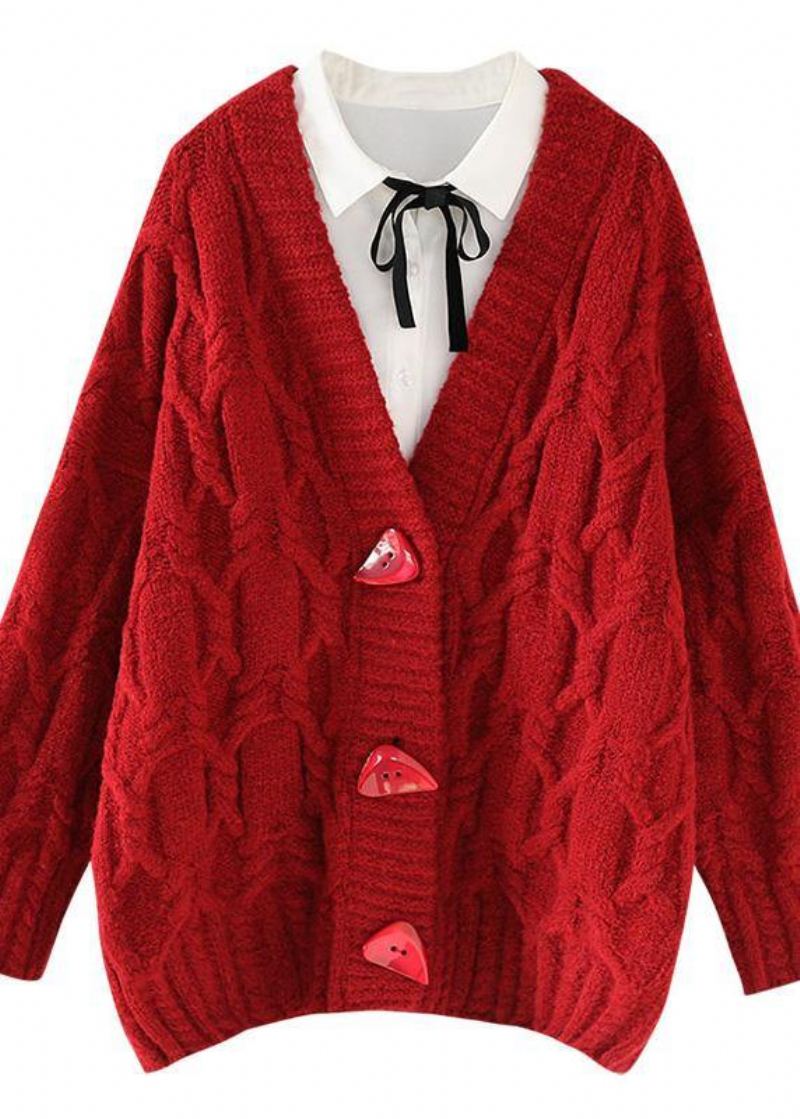 Vintage Rouge Tricoté Outwear Décontracté Printemps Col En V Bouton Tricot - Cardigans femmes