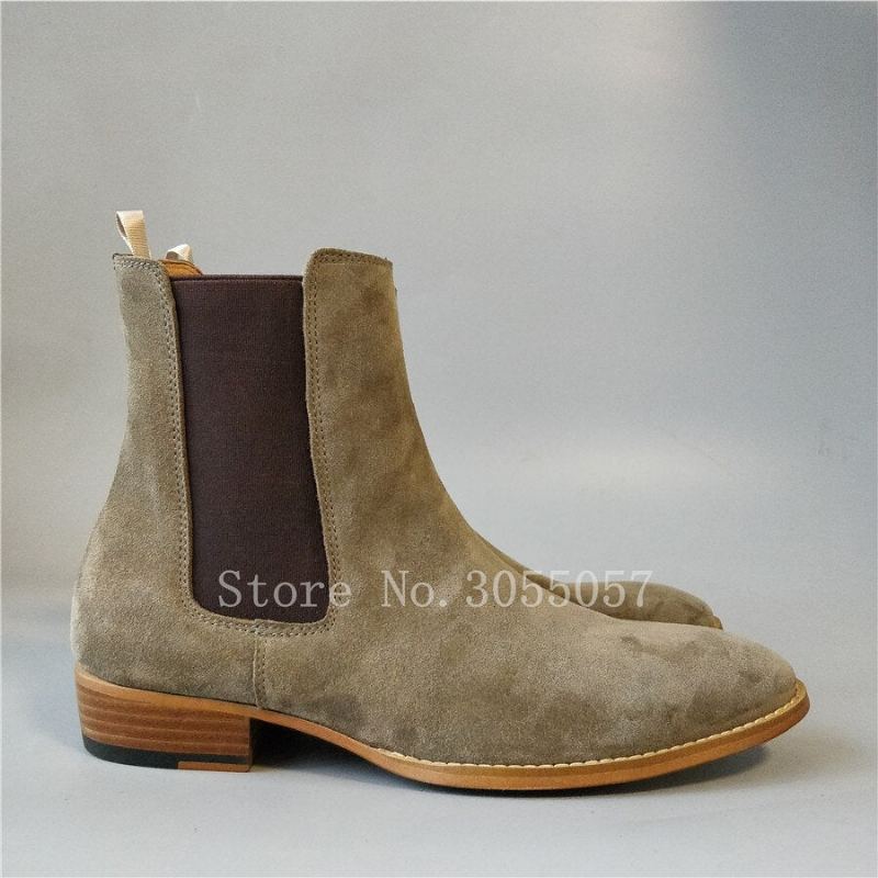 Jeune Tendance Charme Unique Coin Bout Pointu Fait À La Main Hiver Et Automne Classique Hommes Bottes De Luxe Chelsea - Kaki