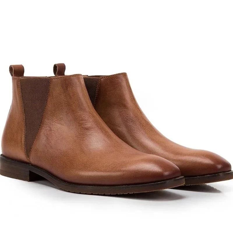 Vintage En Cuir Véritable Hommes Style Britannique Cheville Chelsea Bottes En Souple Mâle Talon Bas Chaud Respirant Marron Chaussures Décontractées - Marron