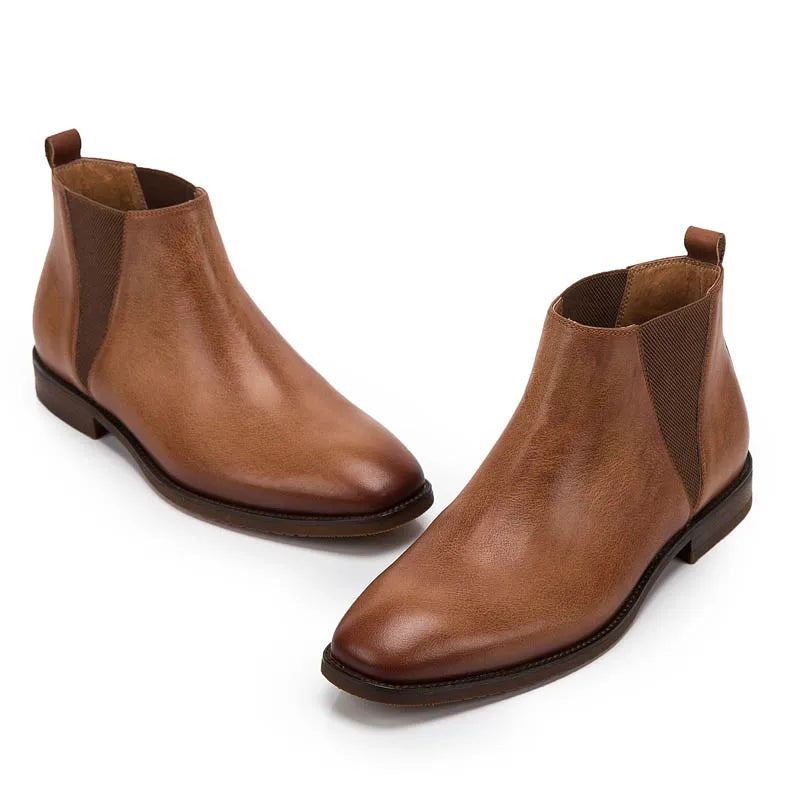 Vintage En Cuir Véritable Hommes Style Britannique Cheville Chelsea Bottes En Souple Mâle Talon Bas Chaud Respirant Marron Chaussures Décontractées - Marron