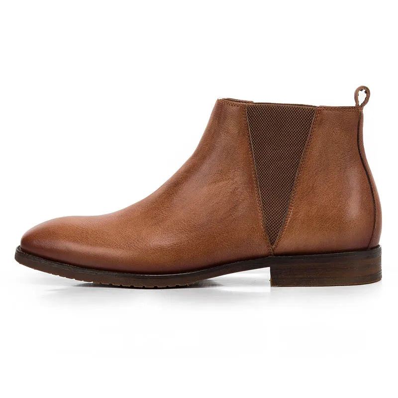 Vintage En Cuir Véritable Hommes Style Britannique Cheville Chelsea Bottes En Souple Mâle Talon Bas Chaud Respirant Marron Chaussures Décontractées - Marron