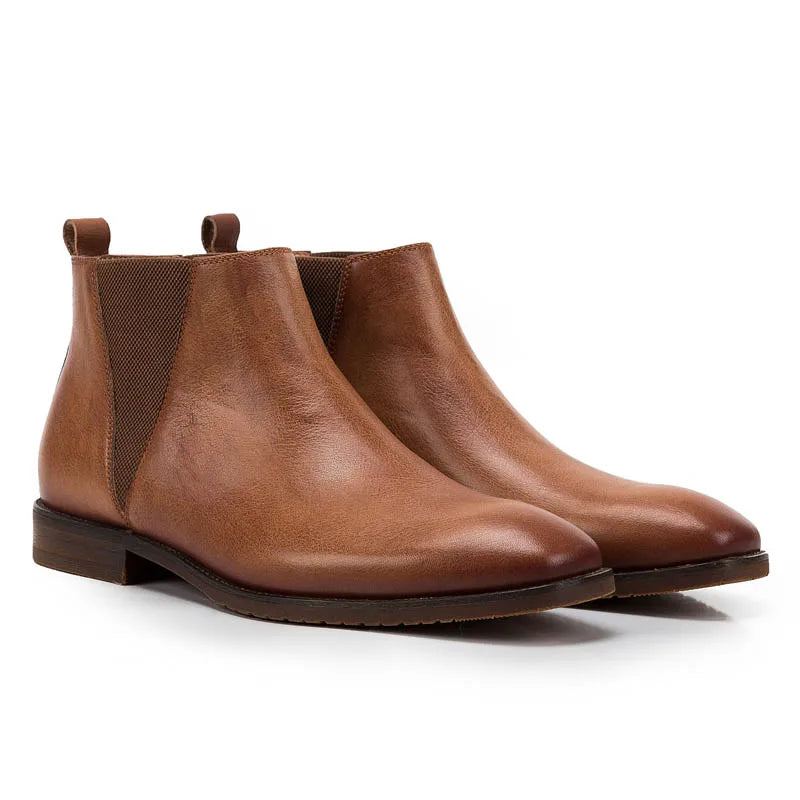 Vintage En Cuir Véritable Hommes Style Britannique Cheville Chelsea Bottes En Souple Mâle Talon Bas Chaud Respirant Marron Chaussures Décontractées - Marron