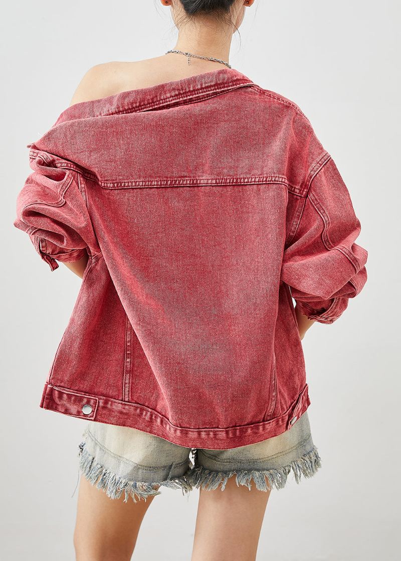 Art Brick Red Zip Up Vestes En Jean Oversize Automne - Manteaux d'hiver femmes
