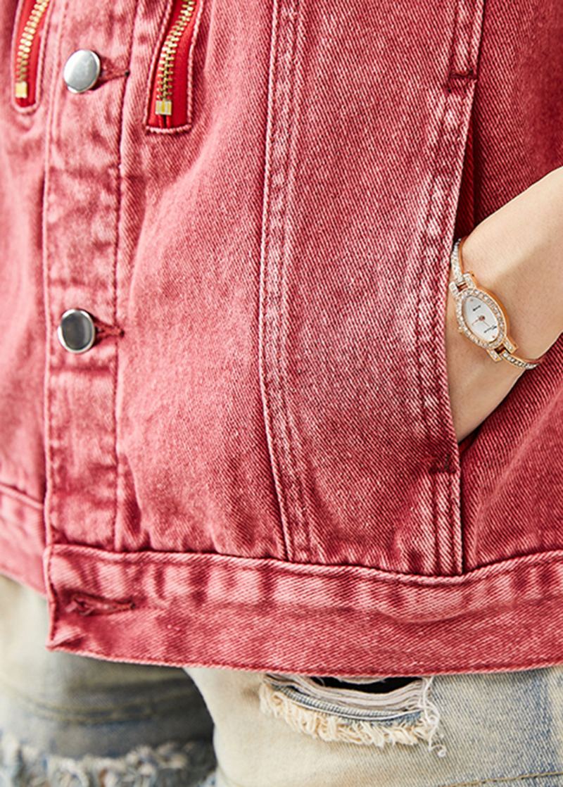 Art Brick Red Zip Up Vestes En Jean Oversize Automne - Manteaux d'hiver femmes