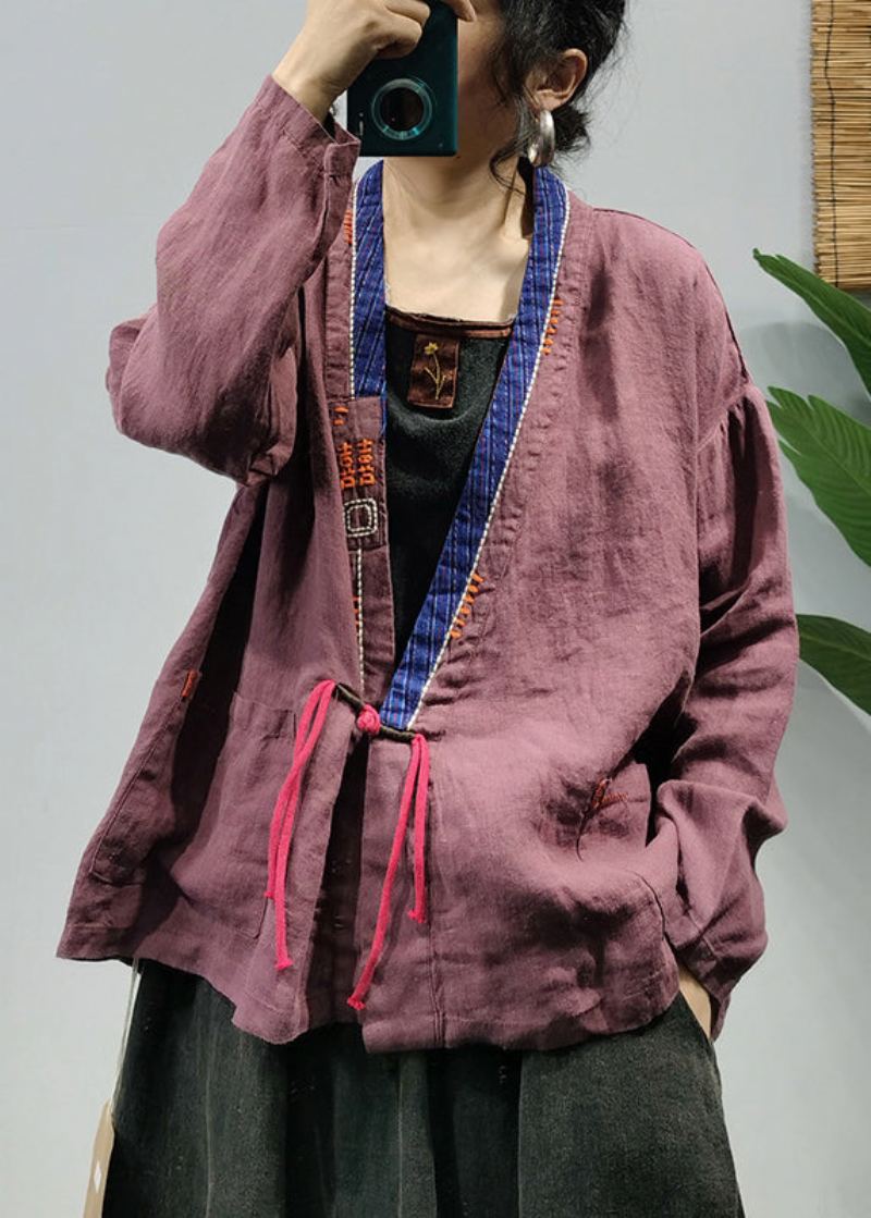 Art Green Manteau En Lin Patchwork Brodé À La Taille Avec Col En V Et Manches Longues - Vert