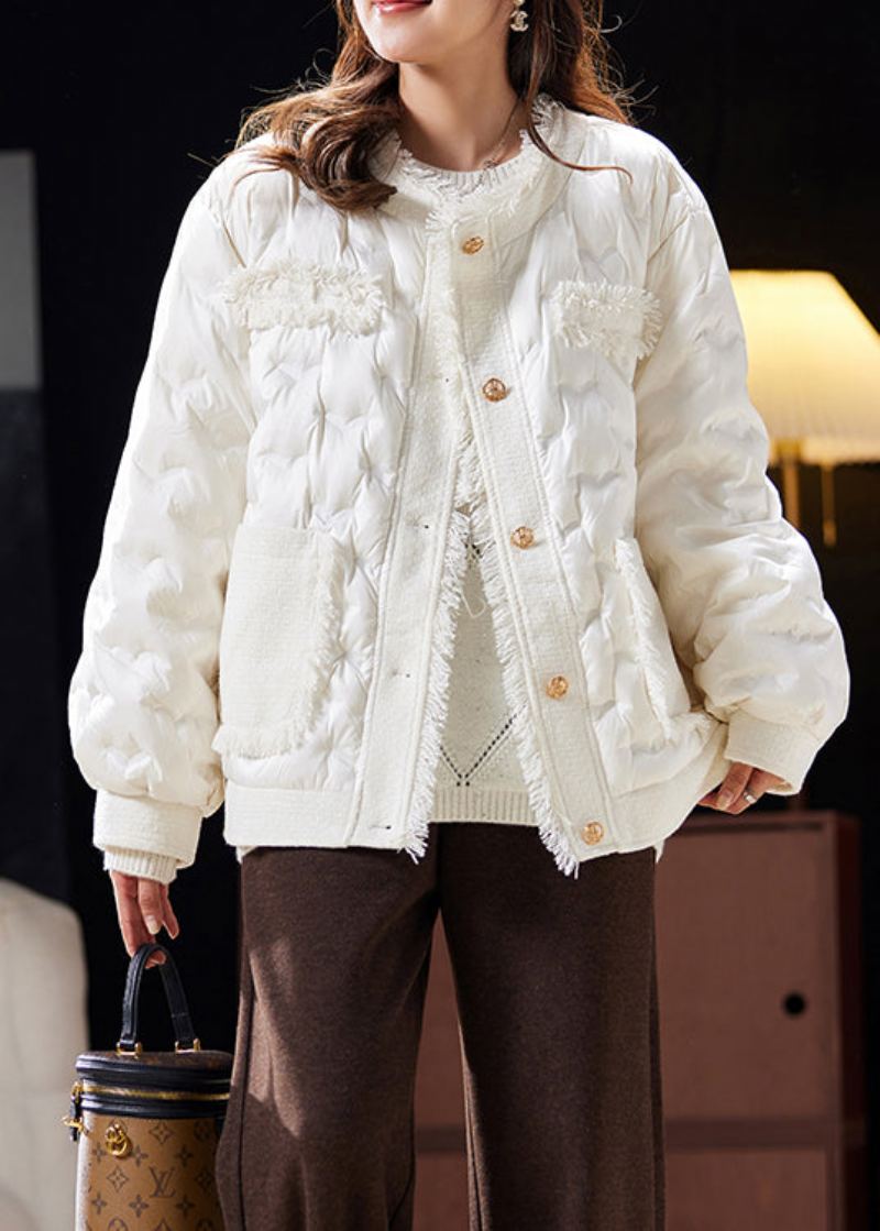 Beau Manteau Beige Avec Poches Boutonnées Et Patchwork En Duvet De Canard À Manches Longues - Manteaux d'hiver femmes