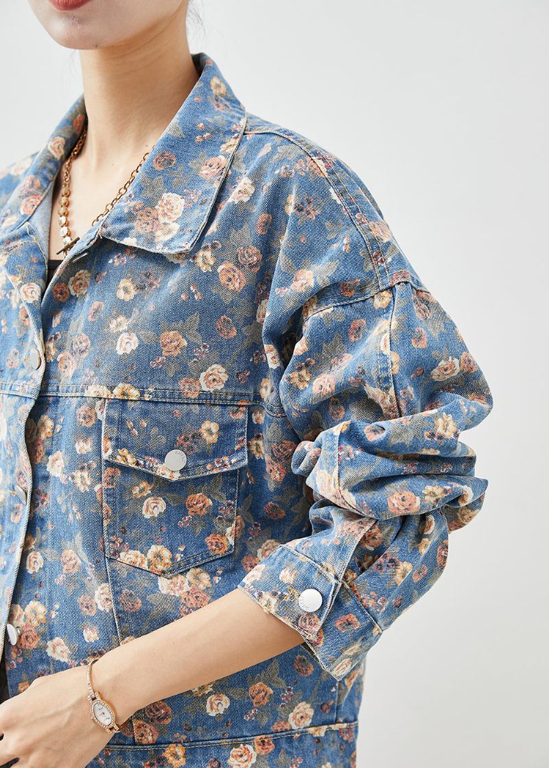 Beaux Manteaux En Denim Imprimés À Col Peter Pan Bleu Automne - Manteaux d'hiver femmes