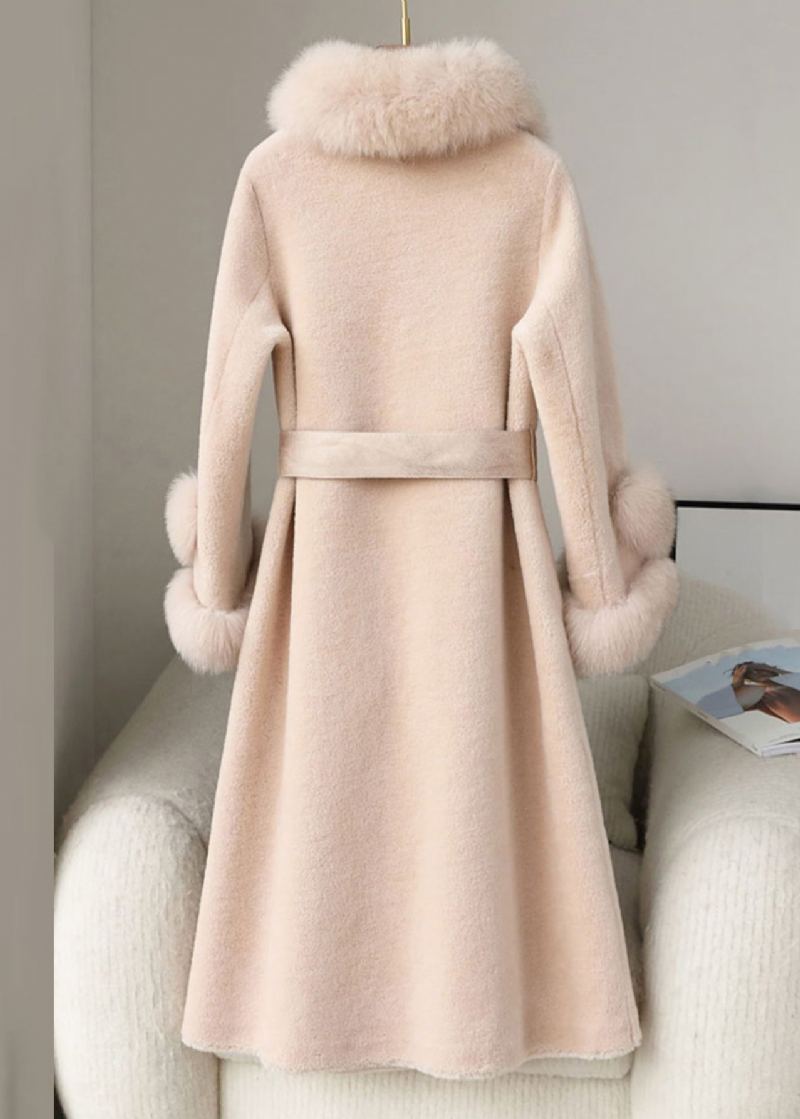 Beige Poches Patchwork Fourrure Fuzzy Long Manteau Col De Manches Longues - Manteaux d'hiver femmes