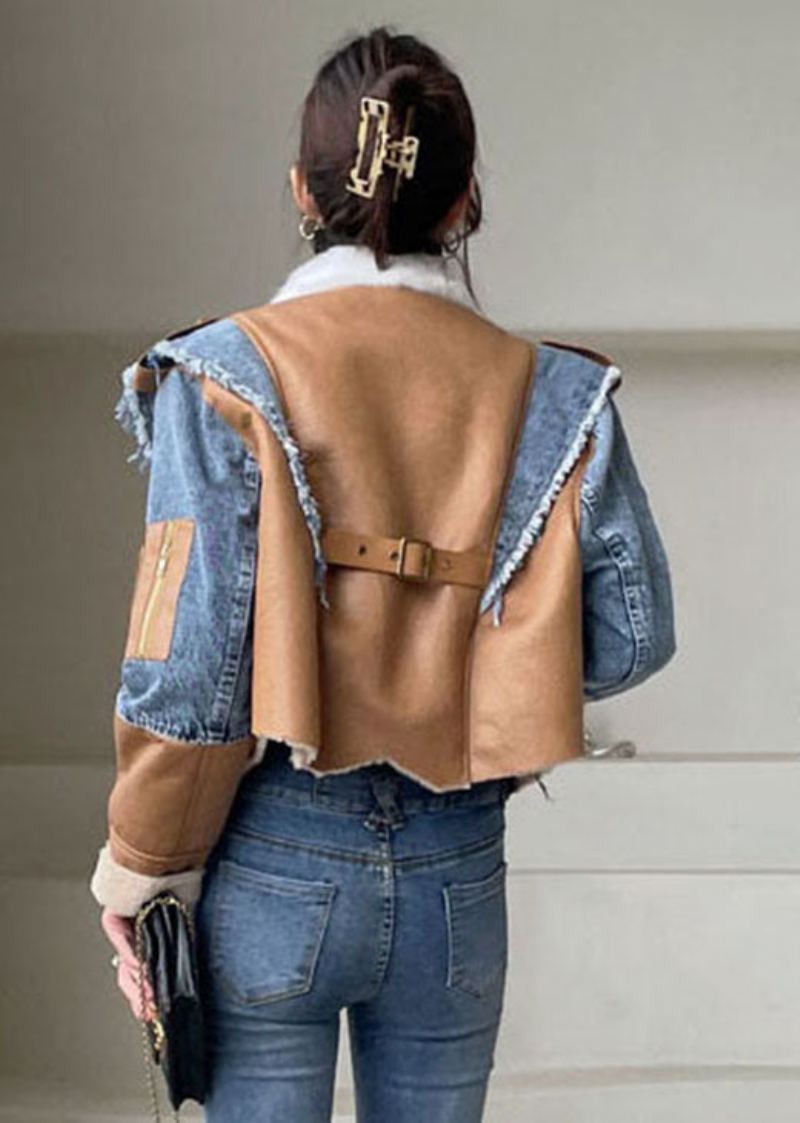 Belles Vestes En Denim Asymétrique Bleu Patchwork Hiver - Bleu