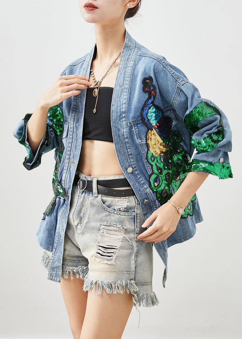 Bohème Bleu Paon Paillettes Taille Élastique Denim Manteaux Automne - Manteaux d'hiver femmes