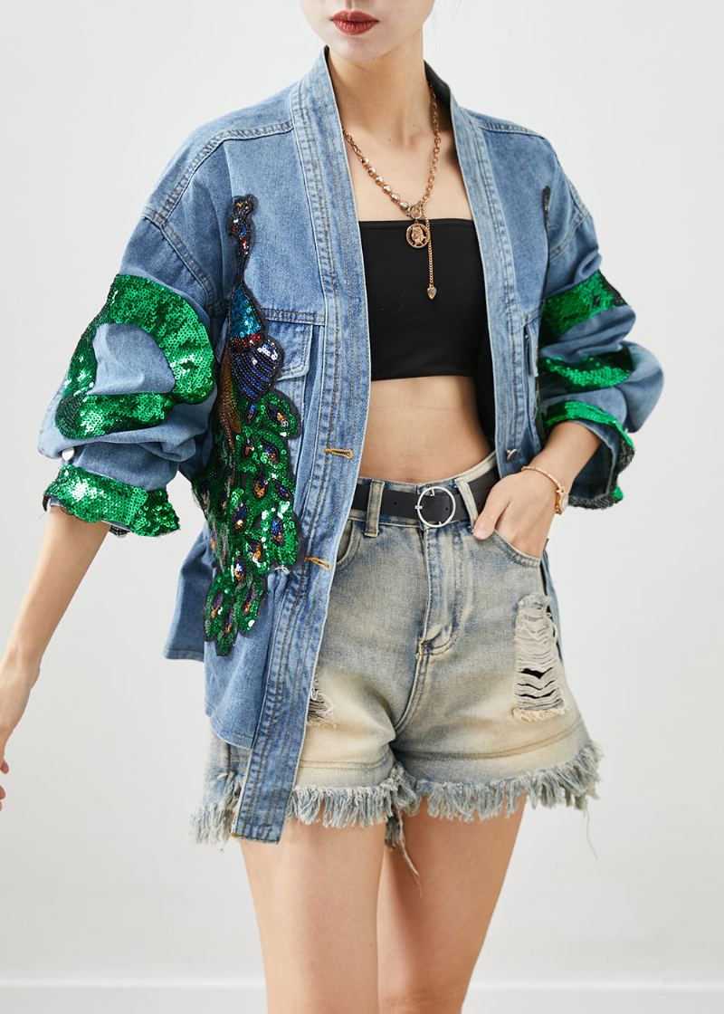 Bohème Bleu Paon Paillettes Taille Élastique Denim Manteaux Automne - Manteaux d'hiver femmes