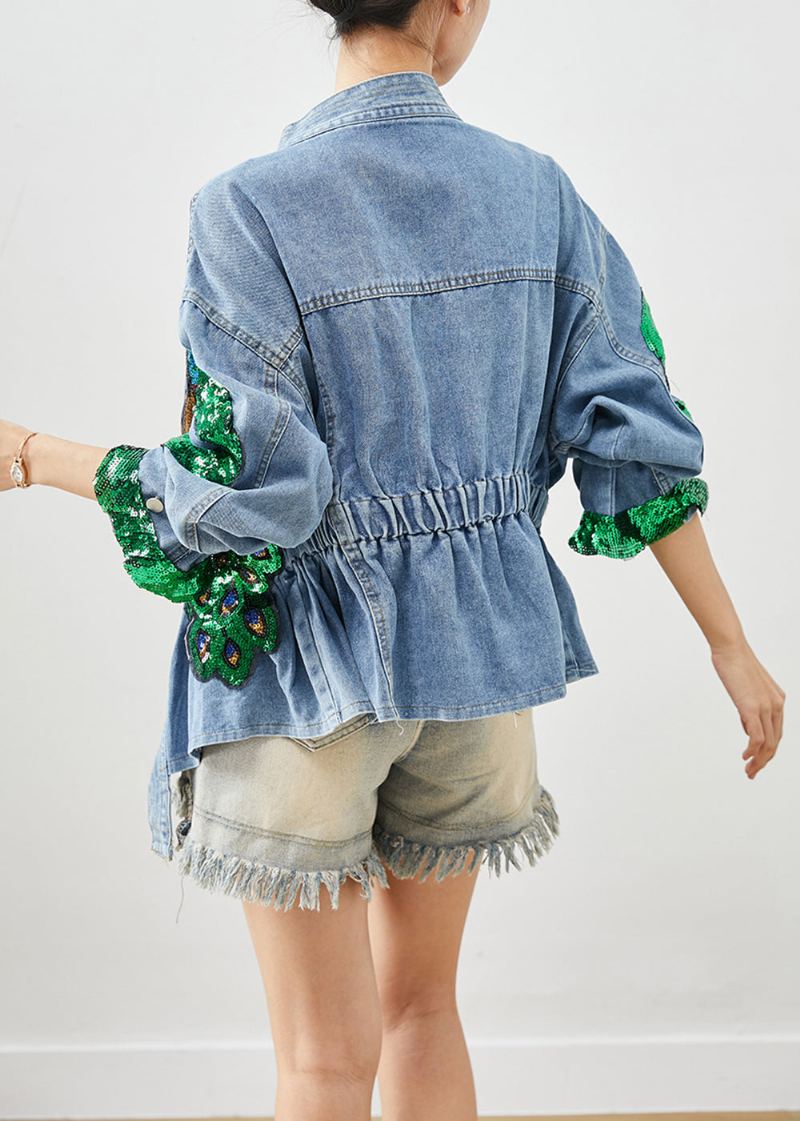 Bohème Bleu Paon Paillettes Taille Élastique Denim Manteaux Automne - Manteaux d'hiver femmes