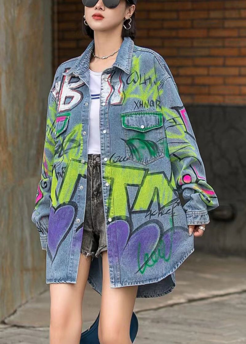 Bohème Col Claudine Imprimé Bouton Denim Manteaux À Manches Longues - Manteaux d'hiver femmes