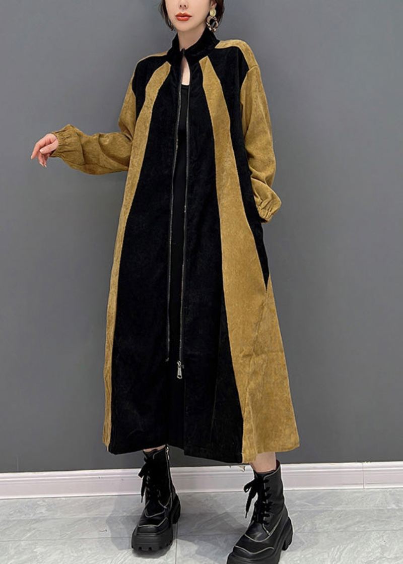 Bohème Noir Patchwork Jaune Fermeture Éclair Long Manteau Printemps - Manteaux d'hiver femmes