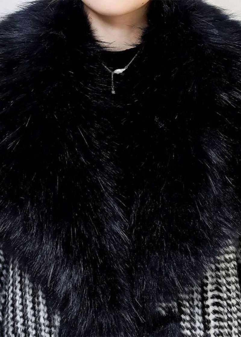 Boho Noir Col De Fourrure Patchwork Chaud Faux Cuir Et Trench Hiver - Manteaux d'hiver femmes