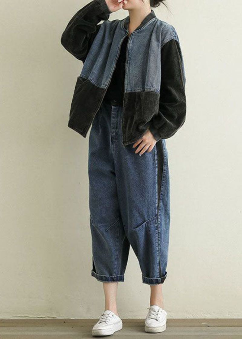 Boho Noir Poches Velours Côtelé Patchwork Vestes En Jean Printemps - Manteaux d'hiver femmes