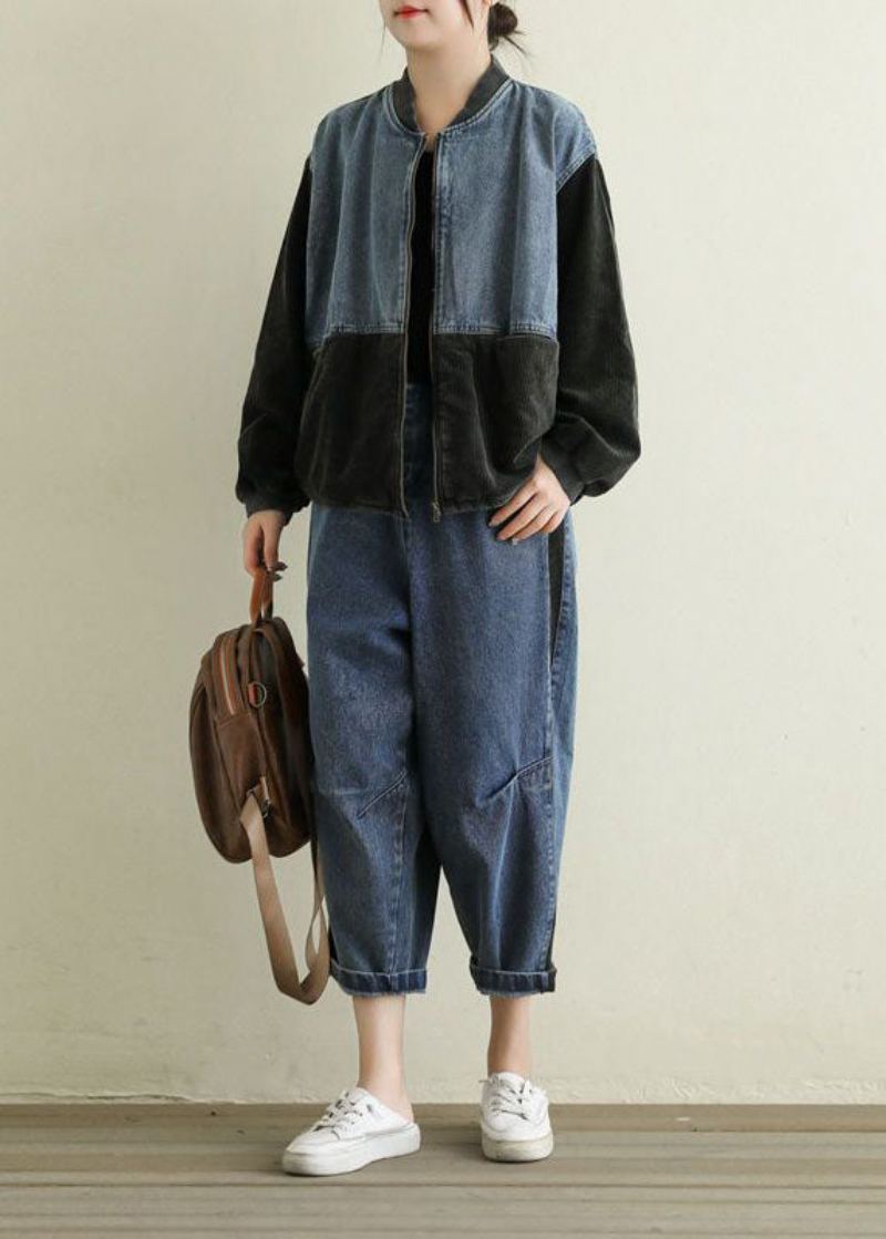 Boho Noir Poches Velours Côtelé Patchwork Vestes En Jean Printemps - Manteaux d'hiver femmes