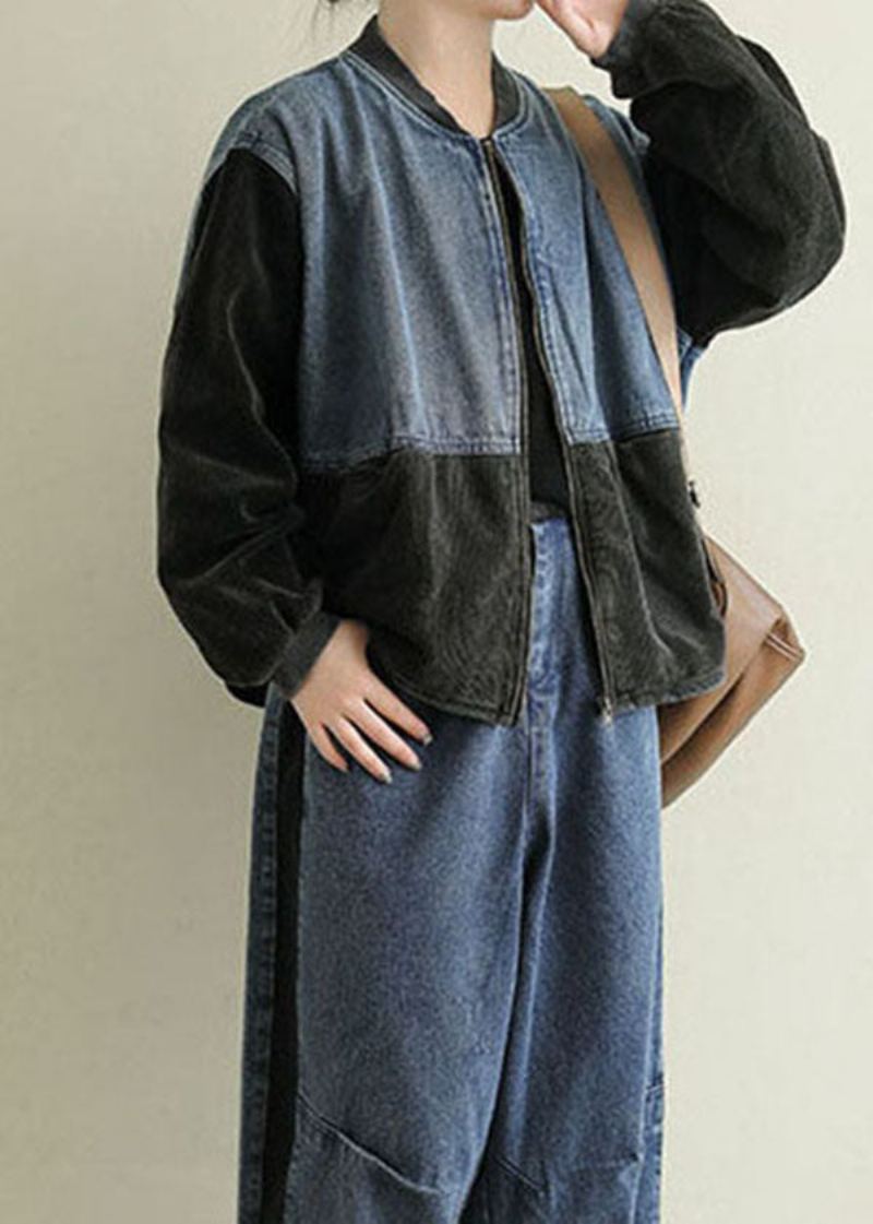 Boho Noir Poches Velours Côtelé Patchwork Vestes En Jean Printemps - Manteaux d'hiver femmes