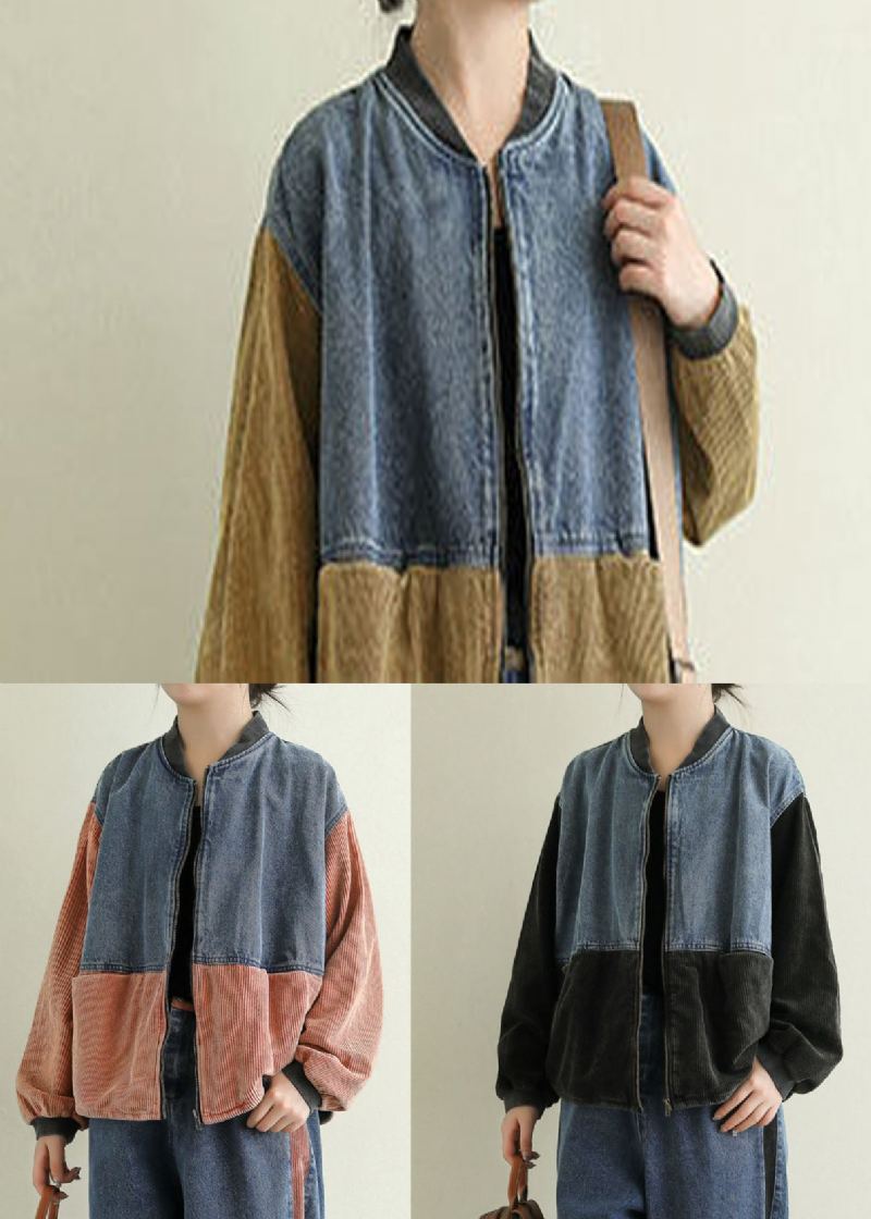 Boho Noir Poches Velours Côtelé Patchwork Vestes En Jean Printemps - Manteaux d'hiver femmes