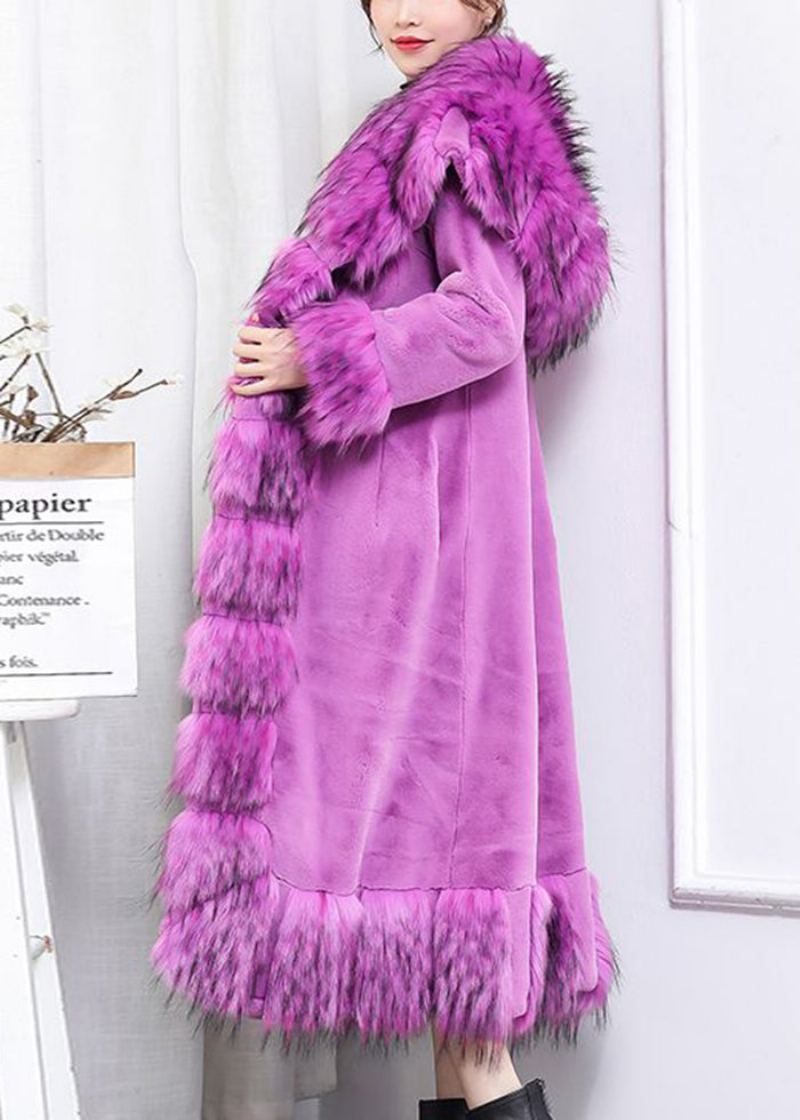 Boho Violet Col De Fourrure Patchwork Cravate Taille Fausse Long Manteau Hiver - Manteaux d'hiver femmes