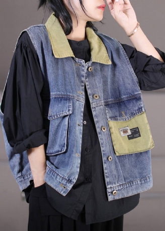 Boutique Bleu Col Claudine Patchwork Imprimé Denim Gilet Automne
