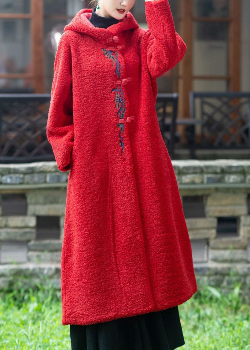 Boutique Rouge À Capuche Brodé Épais Teddy Fausse Fourrure Allonger Les Manteaux Hiver - Rouge