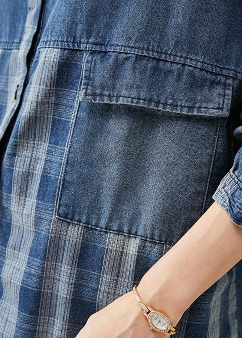Bricolage Bleu Surdimensionné Patchwork Plaid Denim Manteaux Printemps - Manteaux d'hiver femmes