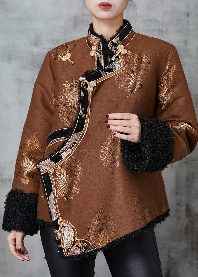 Café Jacquard Chaud Polaire Manteaux Bouton Chinois Printemps