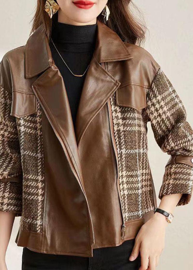 Café Patchwork Faux Cuir Vestes Col Claudine Fermeture Éclair Automne - Manteaux d'hiver femmes