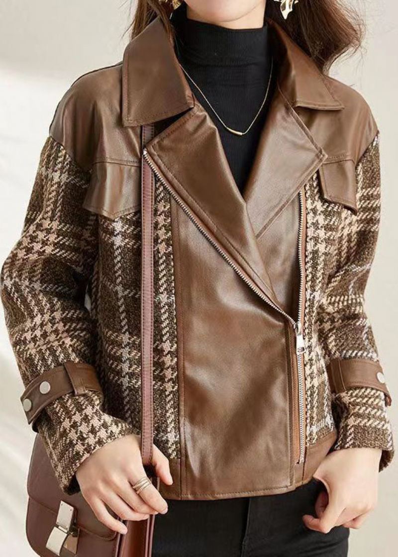 Café Patchwork Faux Cuir Vestes Col Claudine Fermeture Éclair Automne - Manteaux d'hiver femmes