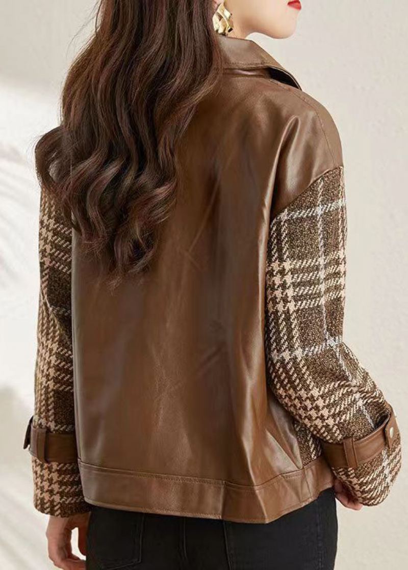 Café Patchwork Faux Cuir Vestes Col Claudine Fermeture Éclair Automne - Manteaux d'hiver femmes