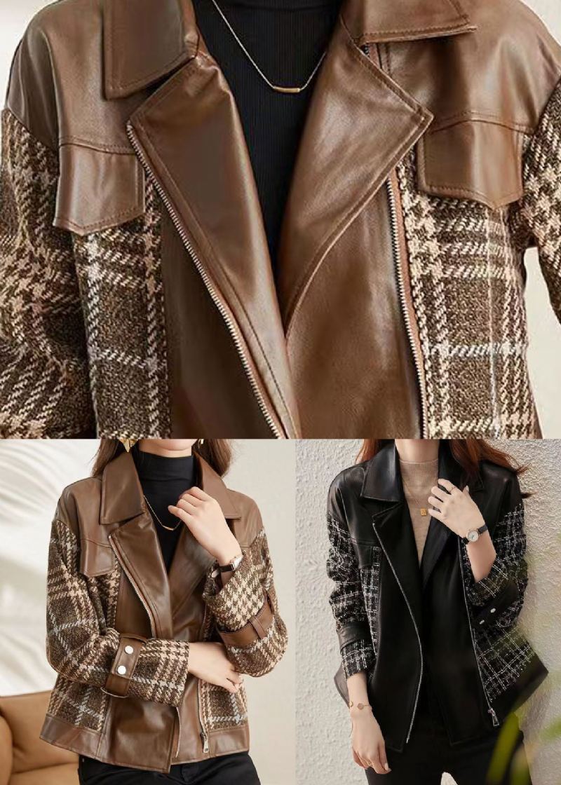 Café Patchwork Faux Cuir Vestes Col Claudine Fermeture Éclair Automne - Manteaux d'hiver femmes