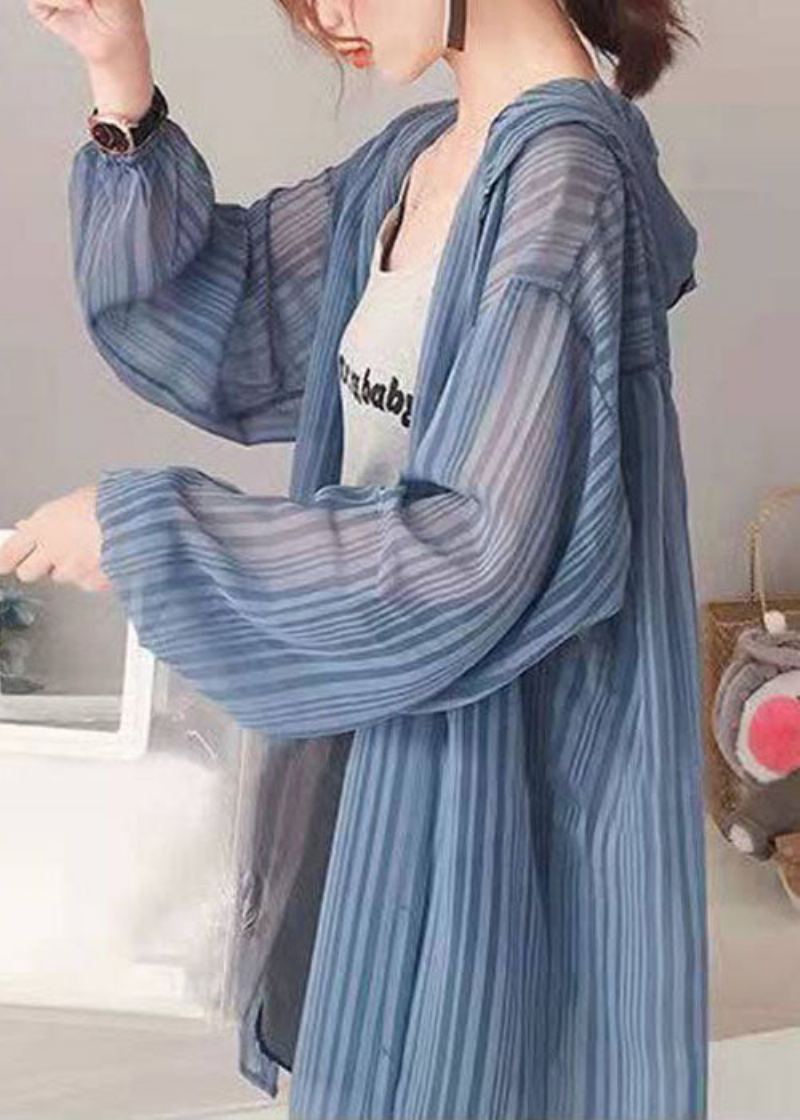 Cardigan En Soie Rayé À Capuche Bleu Ample À Manches Longues - Bleu
