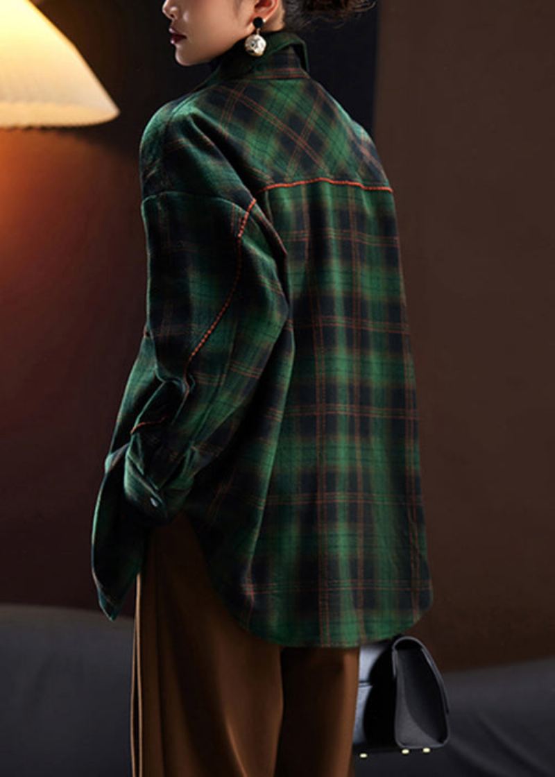 Chemise En Laine À Carreaux Verts Ample Bouton Patchwork Printemps - Manteaux d'hiver femmes