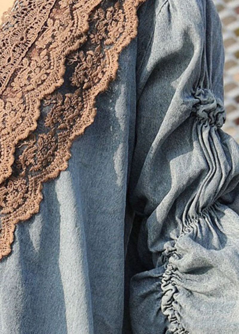 Chemises En Denim Bleu Moderne Col En V Dentelle Froissée Patchwork Manteau Printemps - Manteaux d'hiver femmes