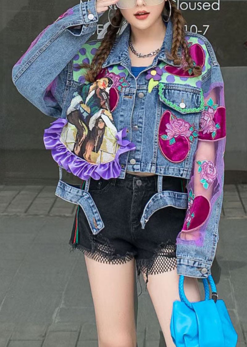 Chic Bleu À Volants Tulle Brodé Patchwork Veste En Jean Printemps - Manteaux d'hiver femmes