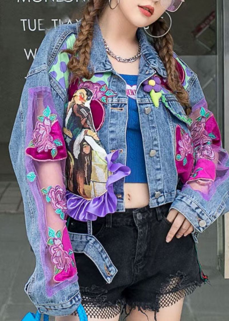 Chic Bleu À Volants Tulle Brodé Patchwork Veste En Jean Printemps - Manteaux d'hiver femmes