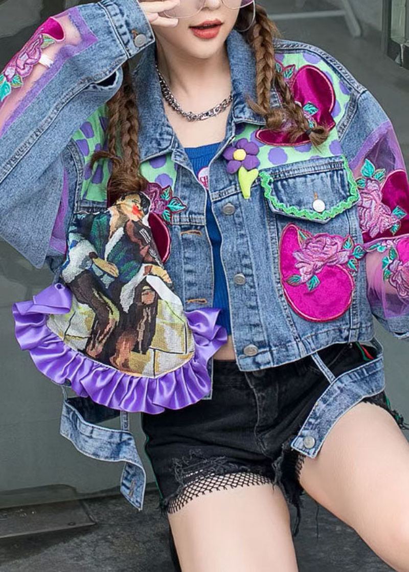 Chic Bleu À Volants Tulle Brodé Patchwork Veste En Jean Printemps - Manteaux d'hiver femmes