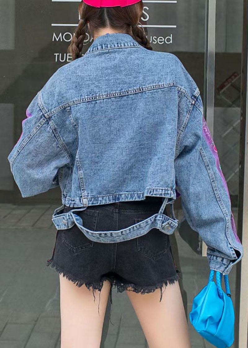 Chic Bleu À Volants Tulle Brodé Patchwork Veste En Jean Printemps - Manteaux d'hiver femmes