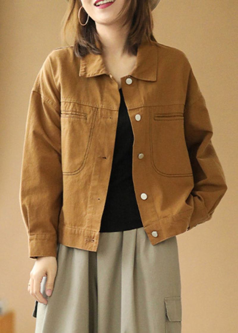Décontracté Jaune Col Claudine Patchwork Coton Denim Manteaux Printemps