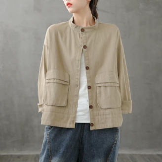 Diy Col Montant Poches Manteau Fin Silhouette Kaki