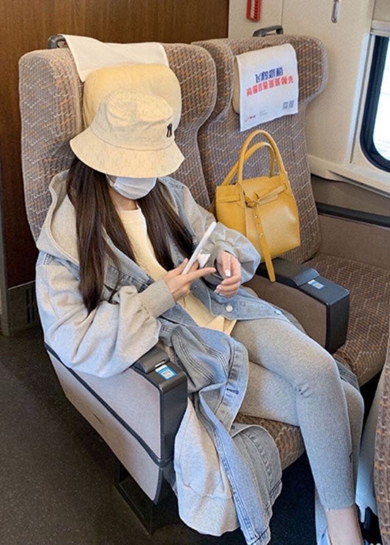 Élégant Bleu À Capuche Denim Patchwork Coton Long Manteau Printemps - Manteaux d'hiver femmes