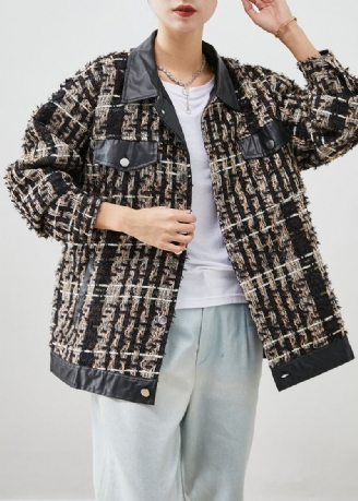 Élégant Noir Col Claudine Patchwork Coton Manteau Vêtements D'extérieur Automne