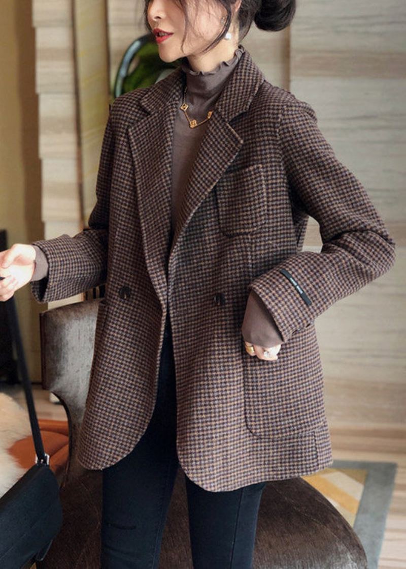 Élégant Plaid Bouton Poches Patchwork Coton Manteaux Automne - Manteaux d'hiver femmes