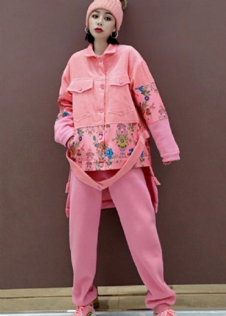 Ensemble Deux Pièces En Velours Côtelé Rose Unique Avec Col Peter Pan Patchwork Printemps